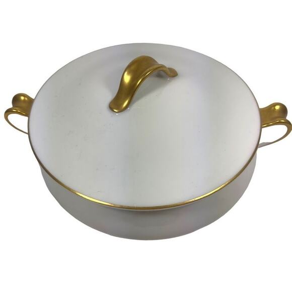 Vintage White Haviland Ceramic Vegetable Pot Gold Handles Covered France 1920's - Picture 1 of 7